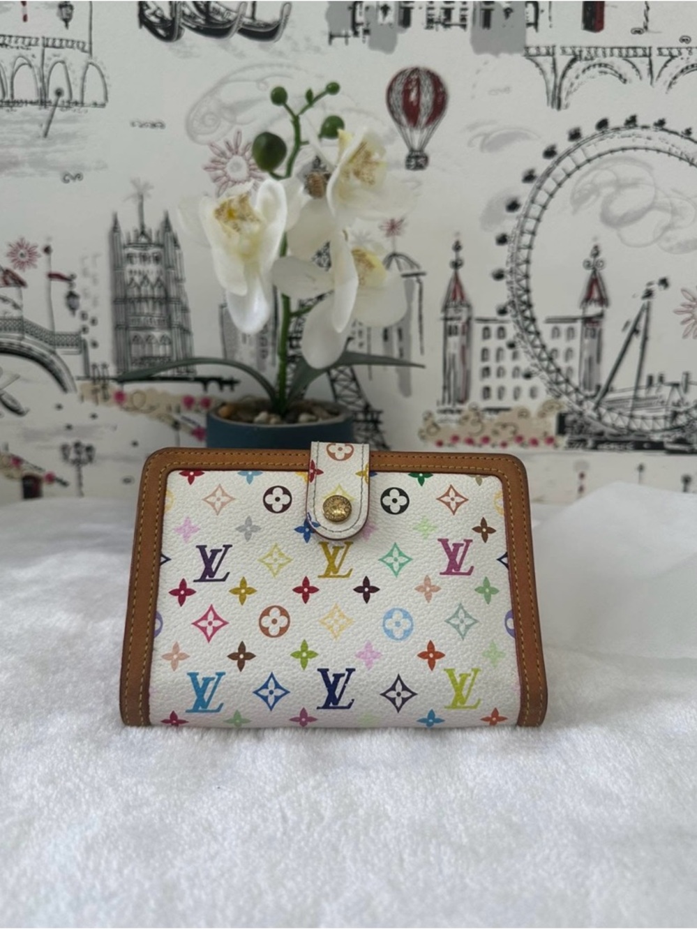 Louis Vuitton White Multicolor Monogram Small Wallet with Tan Trim